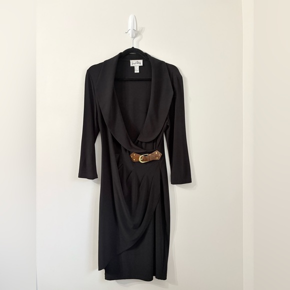 JOSEPH RIBKOFF Black Belted Faux Wrap Midi Dress Sz 12 Quiet Luxury Equestrian - Picture 2 of 5